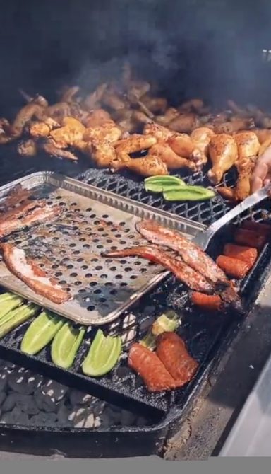 grilled chicken legs, wings, bacon, and vegitables